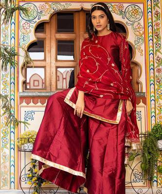 Maroon aari embroidered taffeta silk sharara set 2