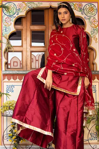Maroon aari embroidered taffeta silk sharara set