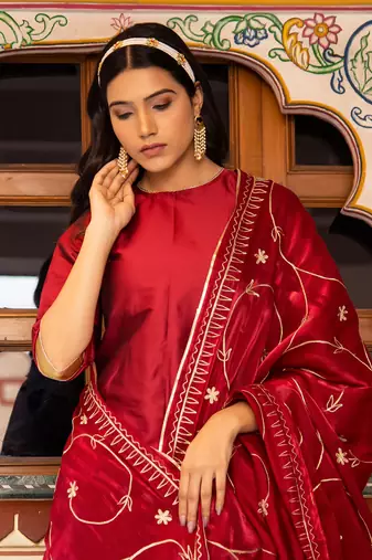 Maroon aari embroidered taffeta silk sharara set