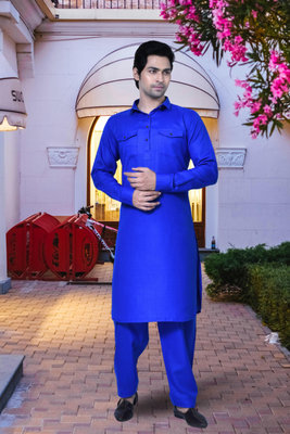 Blue cotton silk solid kurta pyjamas for men's indian traditional ethnic wear 1