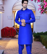 Blue cotton silk solid kurta pyjamas for men's indian traditional ethnic wear