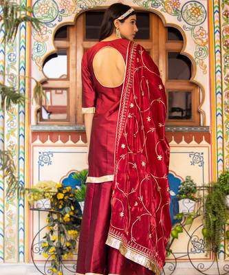 Maroon aari embroidered taffeta silk sharara set 4