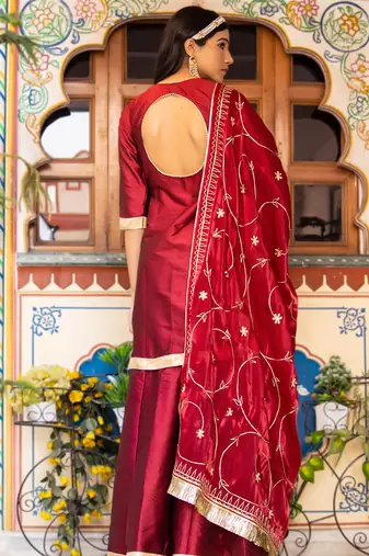 Maroon aari embroidered taffeta silk sharara set