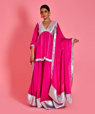Magenta satin silk sharara set 1