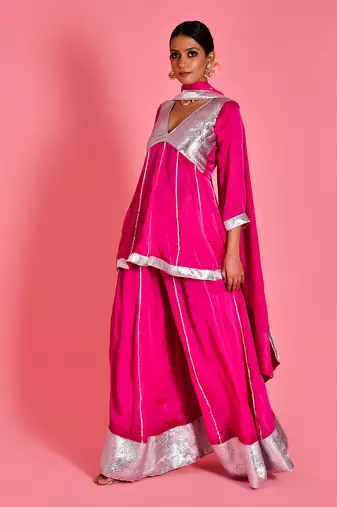 Magenta satin silk sharara set