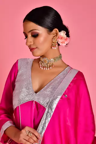 Magenta satin silk sharara set