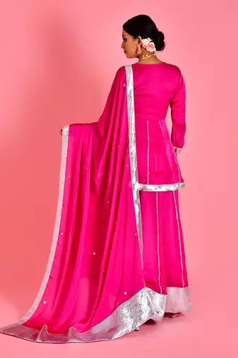 Magenta satin silk sharara set