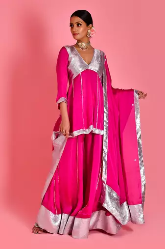 Magenta satin silk sharara set