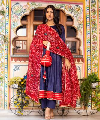 Blue cotton silk bandhani dupatta anarkali set 1