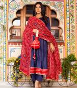Blue cotton silk bandhani dupatta anarkali set