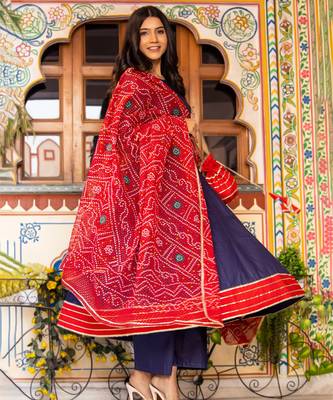 Blue cotton silk bandhani dupatta anarkali set 2
