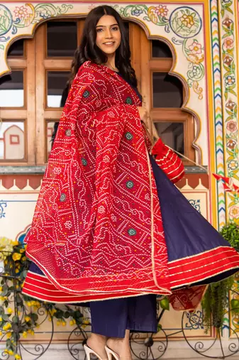 Blue cotton silk bandhani dupatta anarkali set