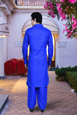 Blue cotton silk solid kurta pyjamas for men's indian traditional ethnic wear 2