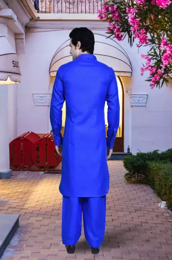 Blue cotton silk solid kurta pyjamas for men's indian traditional ethnic wear
