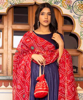 Blue cotton silk bandhani dupatta anarkali set 3