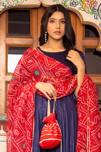 Blue cotton silk bandhani dupatta anarkali set