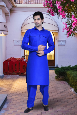 Blue cotton silk solid kurta pyjamas for men's indian traditional ethnic wear 3