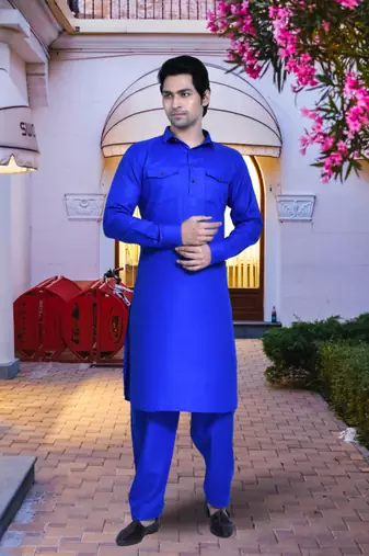 Blue cotton silk solid kurta pyjamas for men's indian traditional ethnic wear