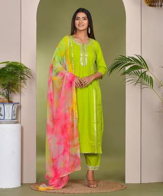 Green cotton gota patti suit set 1