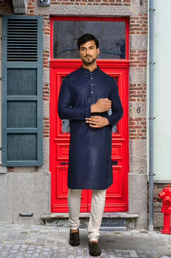 Navy blue art silk solid kurta churidar for men's indian traditional ethnic wear