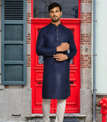 Navy blue art silk solid kurta churidar for men's indian traditional ethnic wear