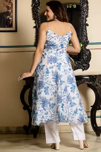 White printed chanderi suit set