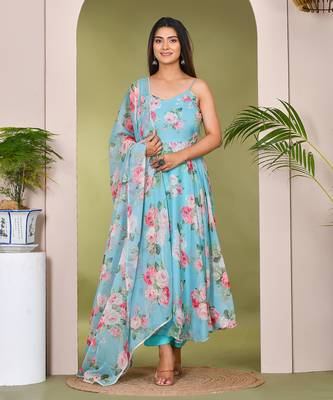 Teal printed chiffon suit set 1