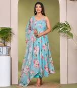 Teal printed chiffon suit set