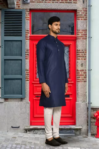 Navy blue art silk solid kurta churidar for men's indian traditional ethnic wear