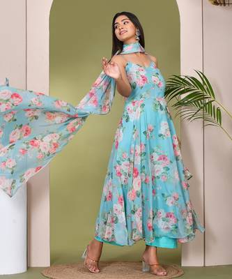 Teal printed chiffon suit set 2