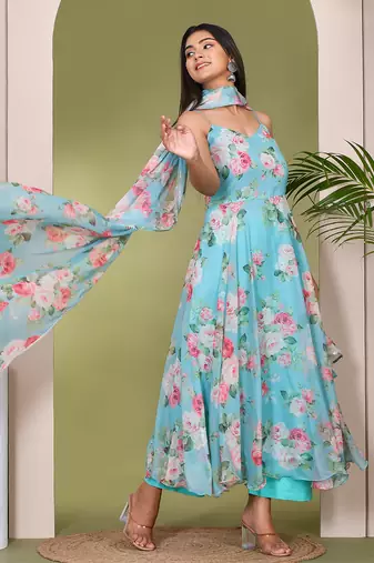 Teal printed chiffon suit set