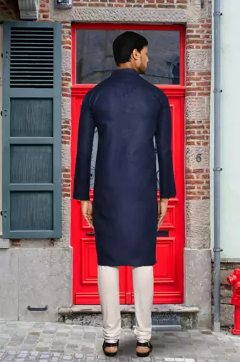 Navy blue art silk solid kurta churidar for men's indian traditional ethnic wear