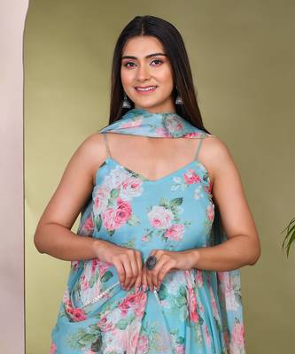 Teal printed chiffon suit set 3