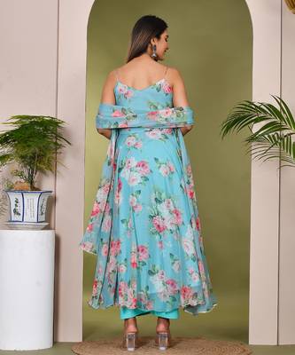 Teal printed chiffon suit set 4