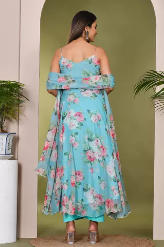 Teal printed chiffon suit set