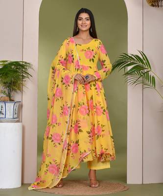 Yellow  printed chiffon suit set 1