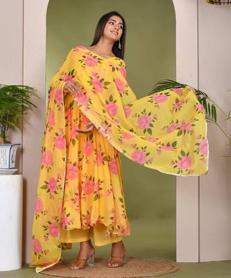 Yellow  printed chiffon suit set 2