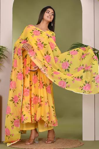Yellow  printed chiffon suit set