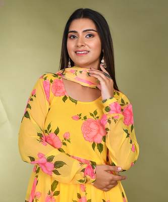 Yellow  printed chiffon suit set 3
