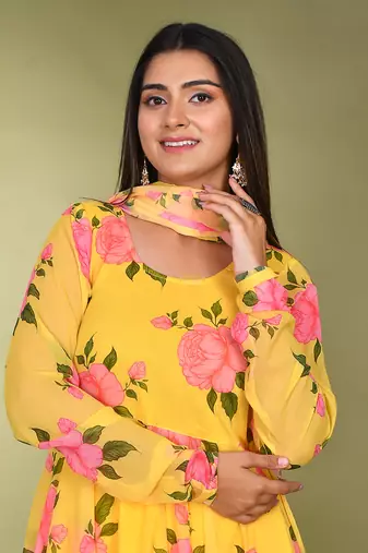 Yellow  printed chiffon suit set