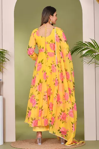 Yellow  printed chiffon suit set