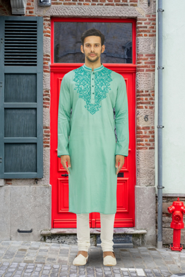 Pista green art silk embroidered kurta churidar for men's indian traditional ethnic wear 1
