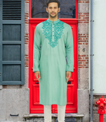 Pista green art silk embroidered kurta churidar for men's indian traditional ethnic wear