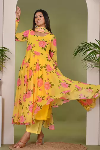 Yellow  printed chiffon suit set