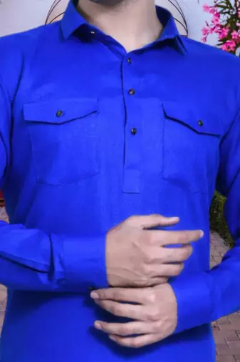 Blue cotton silk solid kurta pyjamas for men's indian traditional ethnic wear