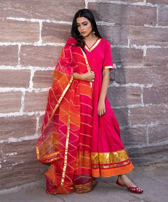 Bannhi Rani Pink Silk Gota Work Anarkali Kurti Set 1