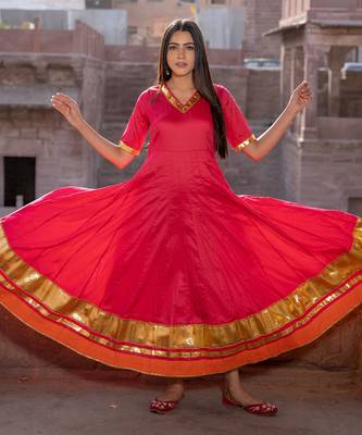 Bannhi Rani Pink Silk Gota Work Anarkali Kurti Set 2