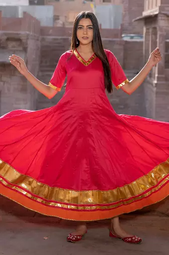 Bannhi Rani Pink Silk Gota Work Anarkali Kurti Set