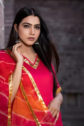 Bannhi Rani Pink Silk Gota Work Anarkali Kurti Set