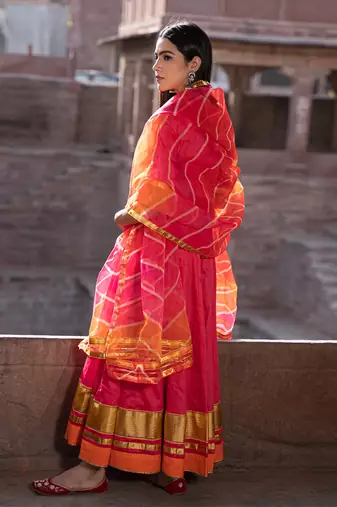 Bannhi Rani Pink Silk Gota Work Anarkali Kurti Set